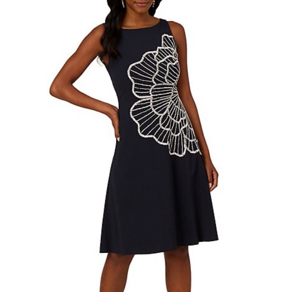 NWT Adrianna Papell Navy Dress with White Floral Design